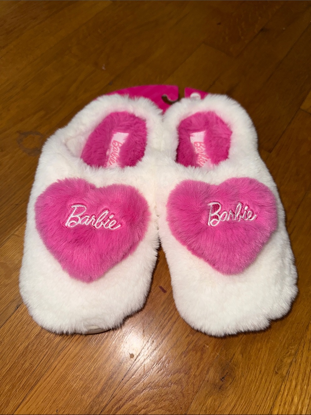 Barbie White and Hot Pink Heart Plush Slip-On Slippers for Kids